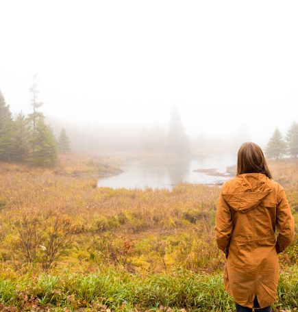 A person standing at the edge of a marsh, looking out over the fog covered water.