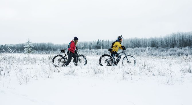 Fat biking through a snow covered field in Bird's Hill Park.